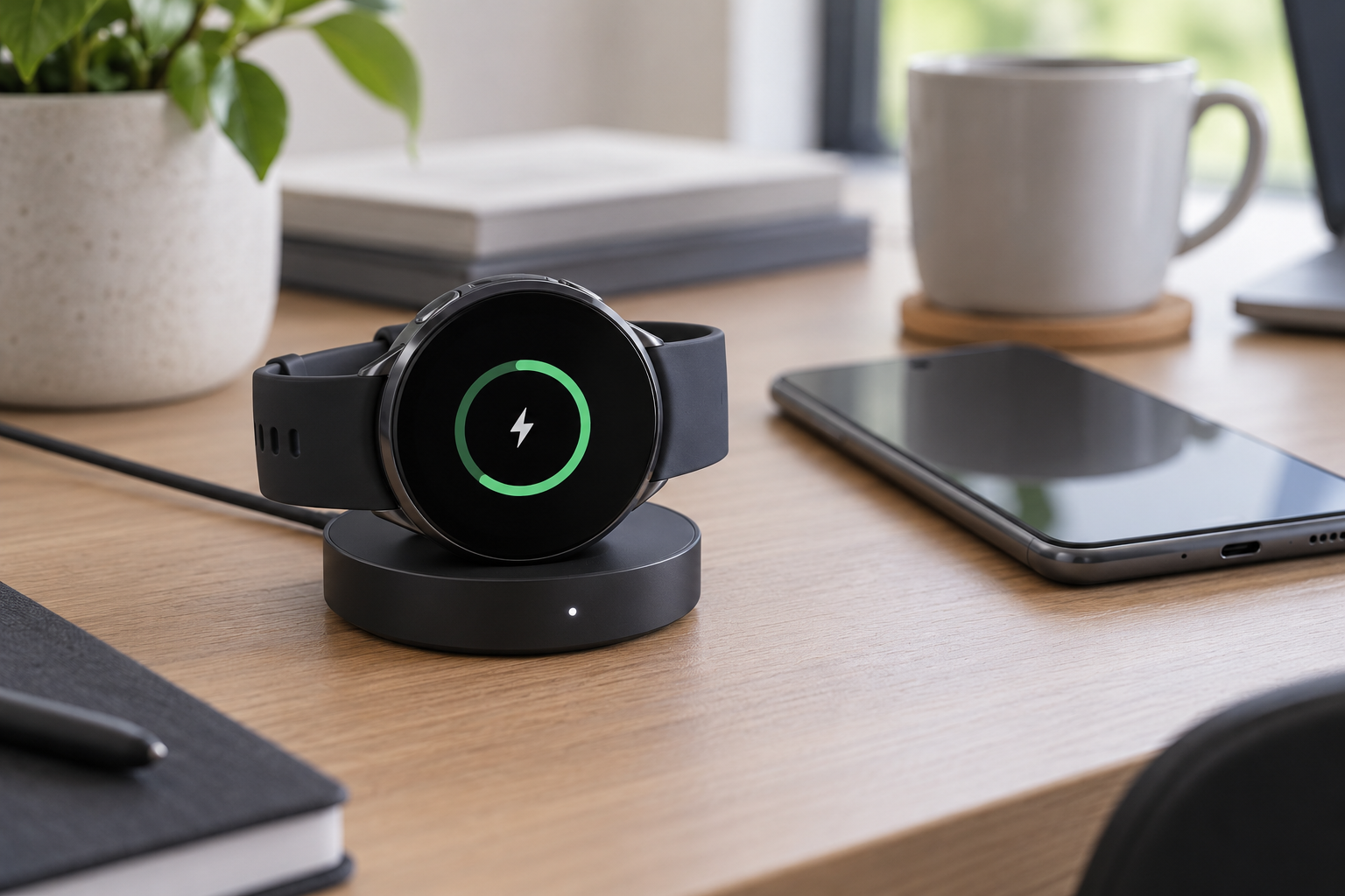 Graphite smartwatch charging beside an Android phone on a desk