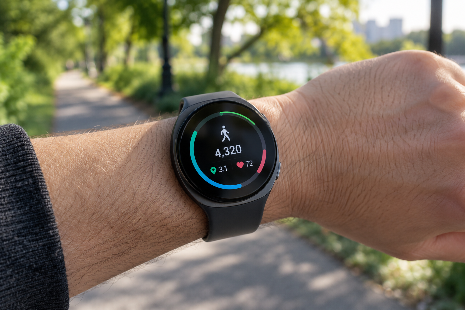 Graphite smartwatch tracking a walk in a green park