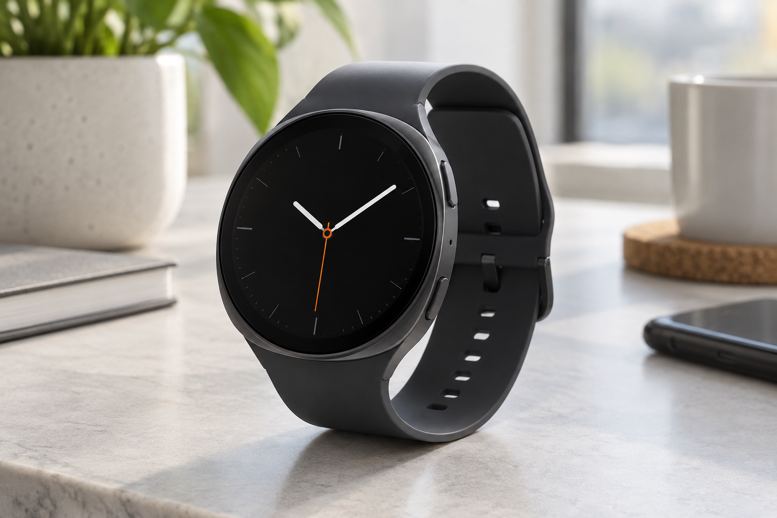 Graphite 44mm round smartwatch on a bright modern desk
