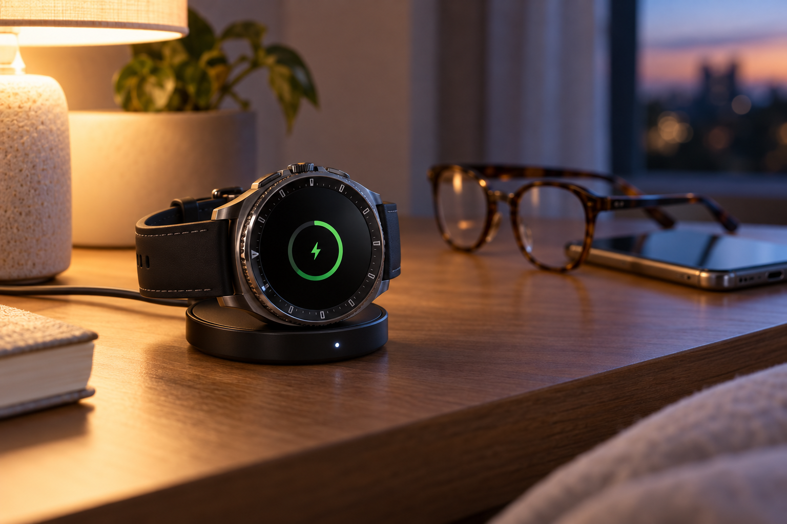 Black classic smartwatch resting on a magnetic charger on a bedside table