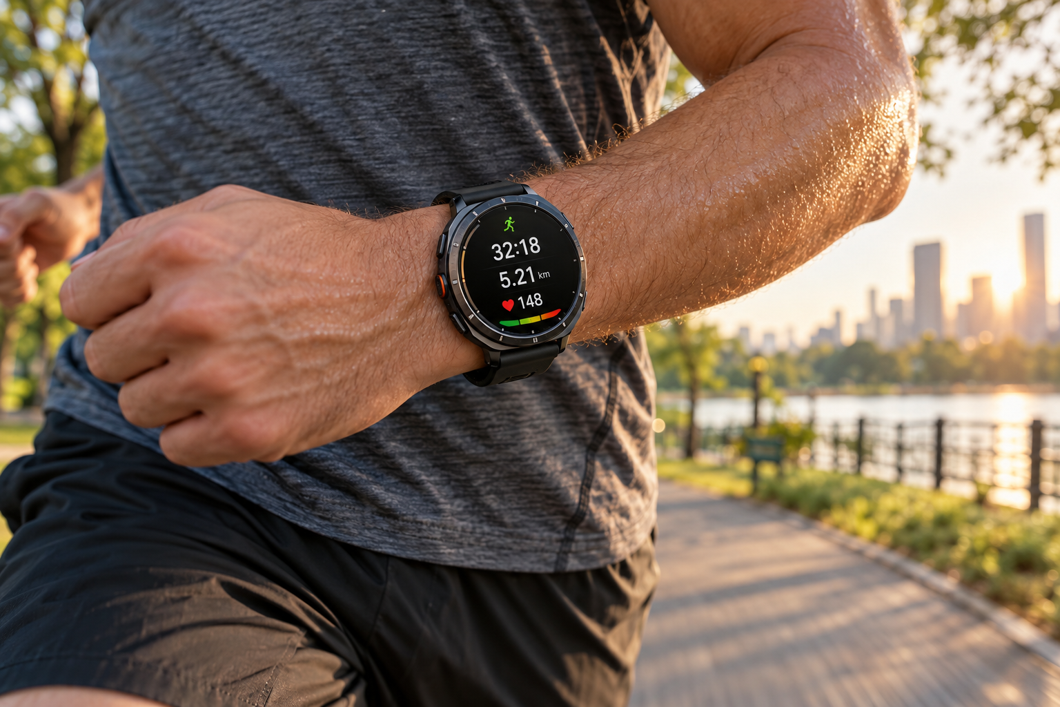 Black classic smartwatch tracking an outdoor run in a city park