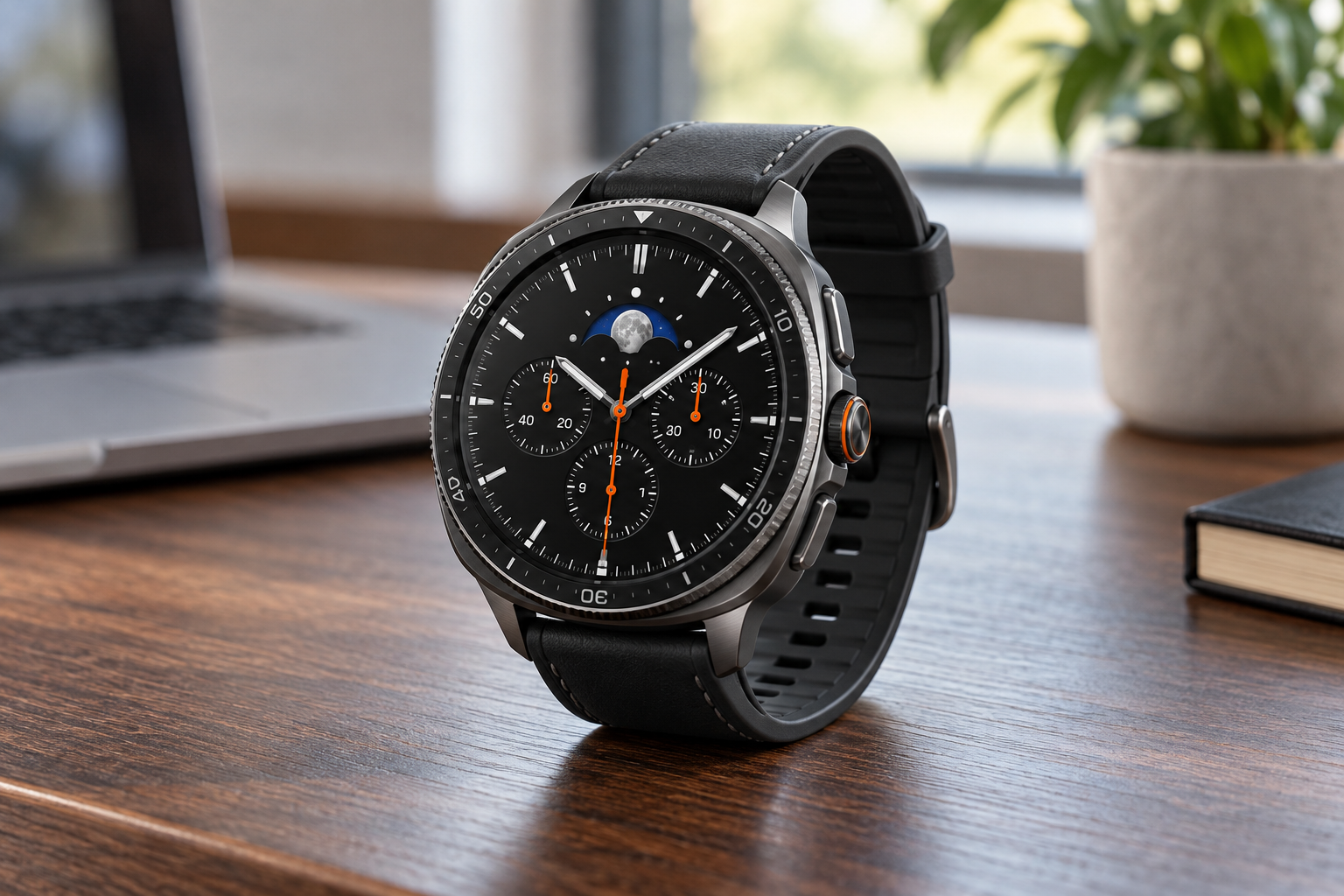 Black 46mm Galaxy Watch 8 Classic style smartwatch on a modern desk