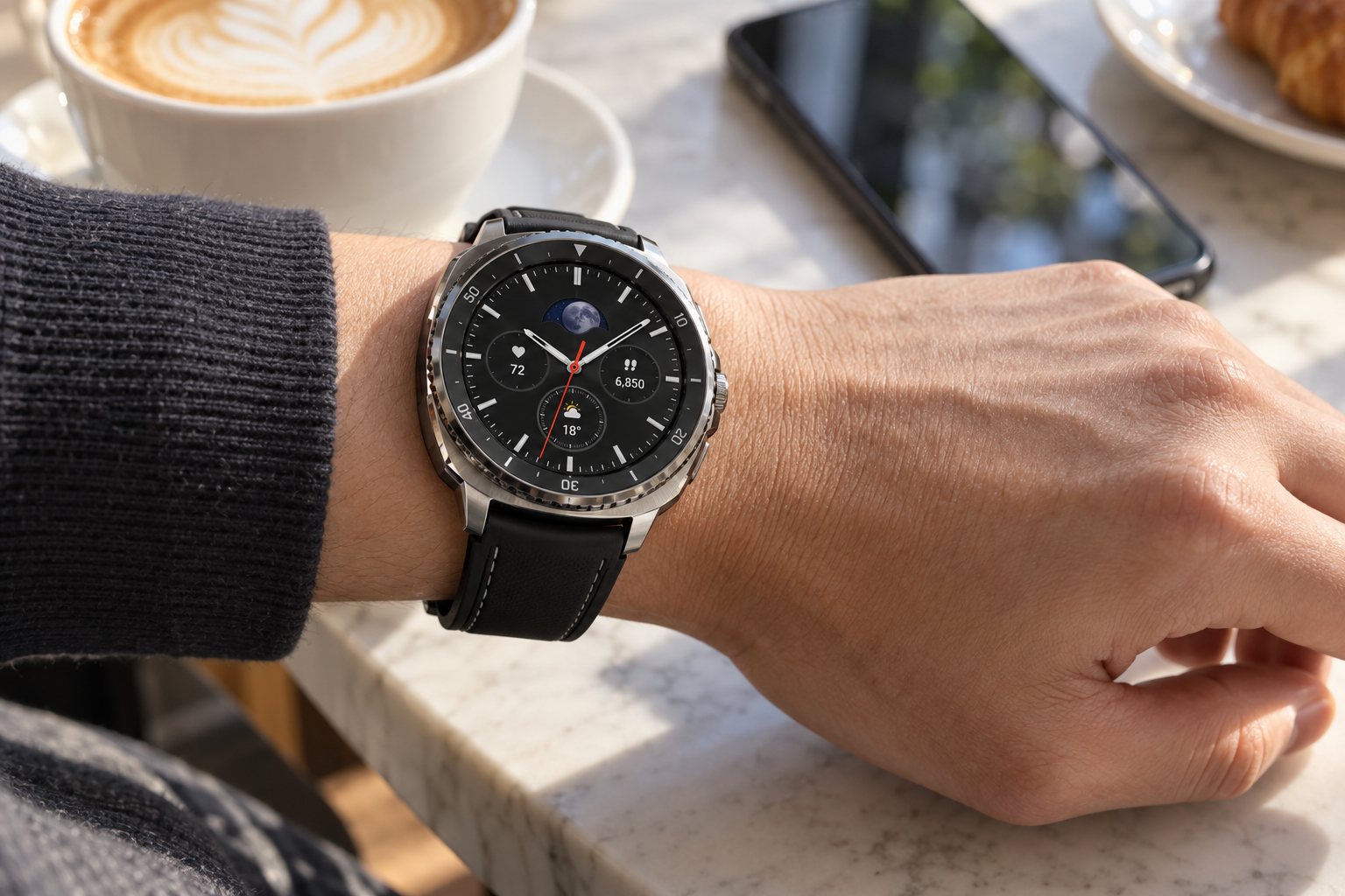Black 46mm classic smartwatch worn on a wrist at a cafe