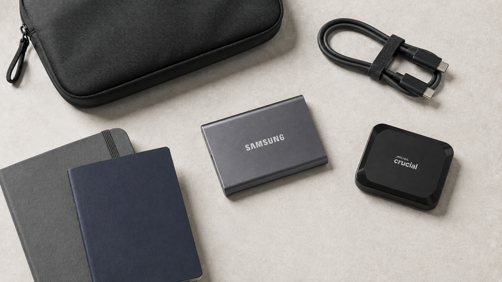 Samsung T7 and Crucial X9 portable SSDs with a travel pouch and USB-C cable