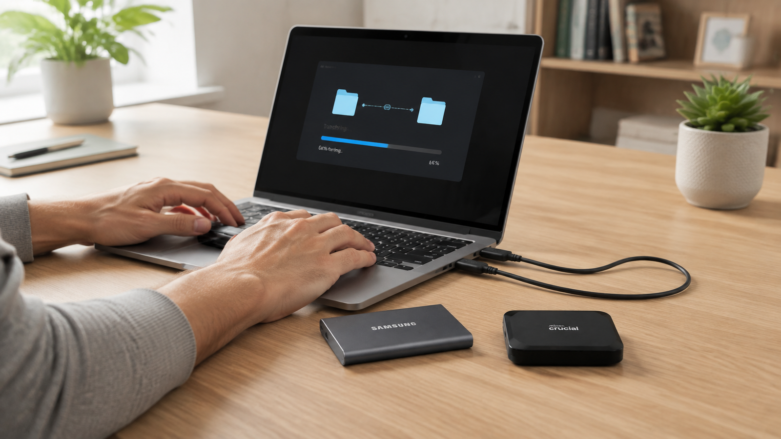 Samsung T7 and Crucial X9 portable SSDs beside a laptop during a file transfer