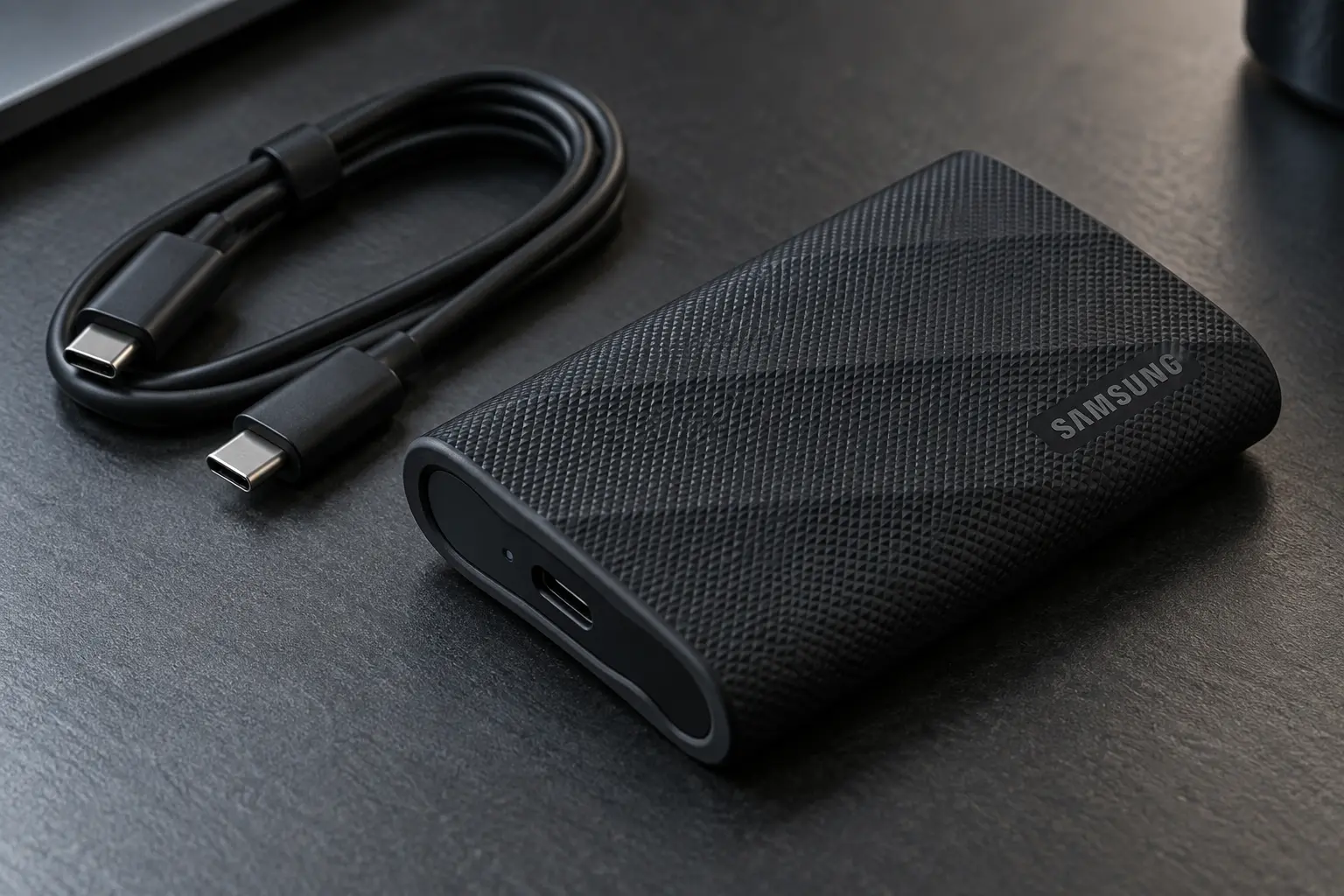 Close-up of a black textured portable SSD and USB-C cable on a dark desk