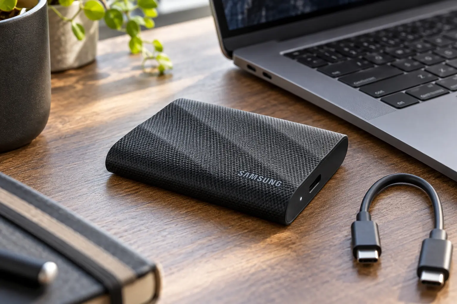 Black Samsung T9-style portable SSD on a modern desk beside a laptop and USB-C cable