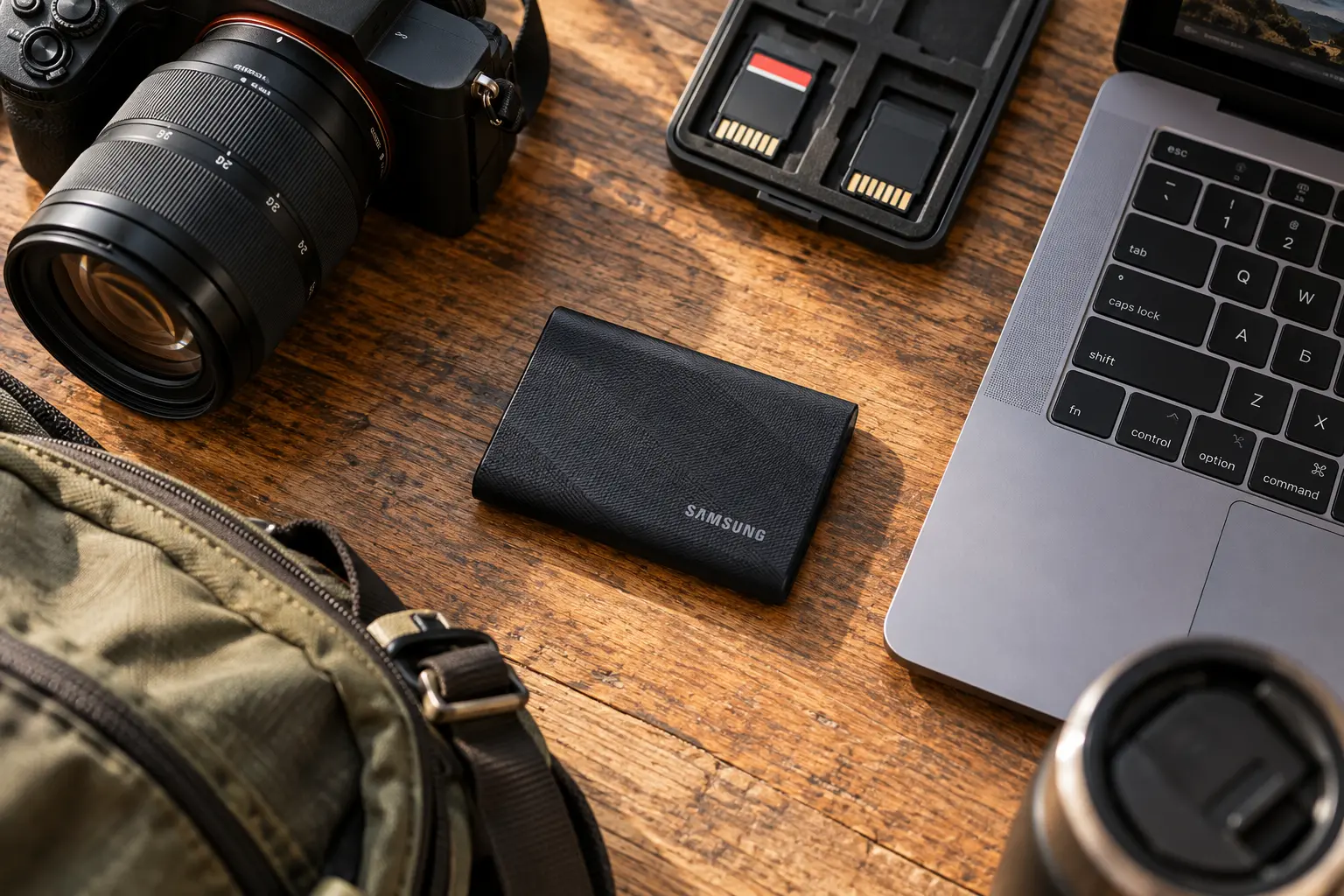 Black portable SSD beside a camera, memory cards, laptop, and travel bag