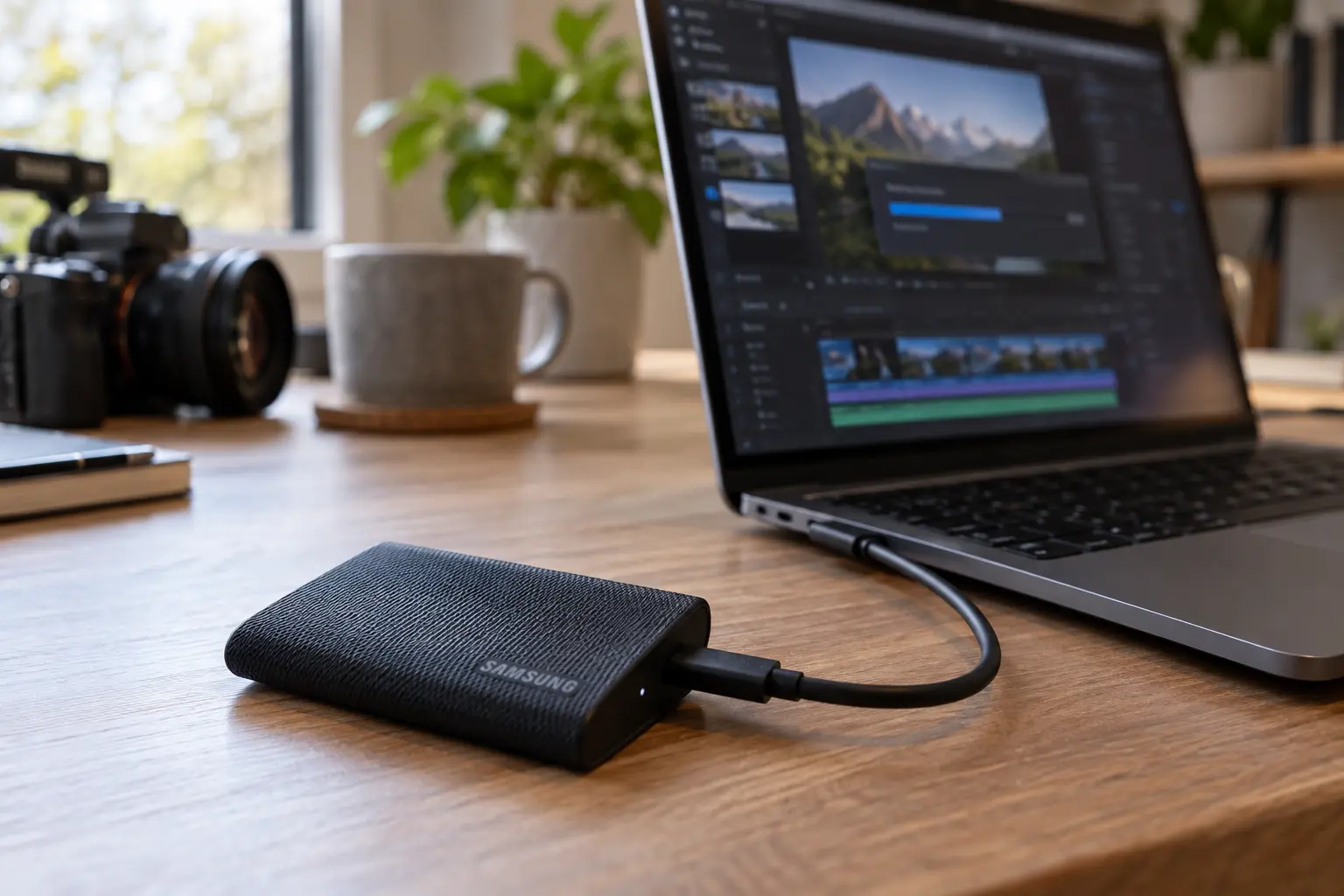 Black portable SSD connected to a laptop in a video editing workspace