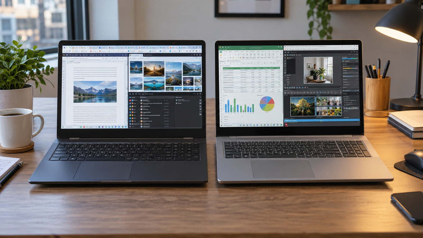 Two laptops handling office productivity and creative multitasking