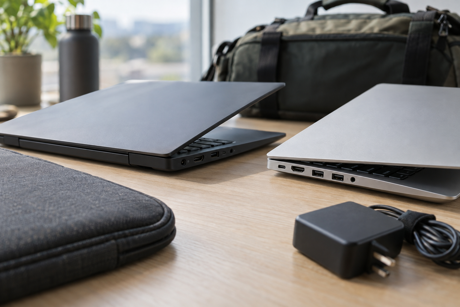 Two laptops with side ports, charger, sleeve, and travel bag